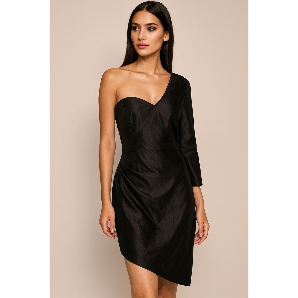 Aidan by Adrianna Papell Black One Shoulder Long Sleeve Cocktail Dress Size 14